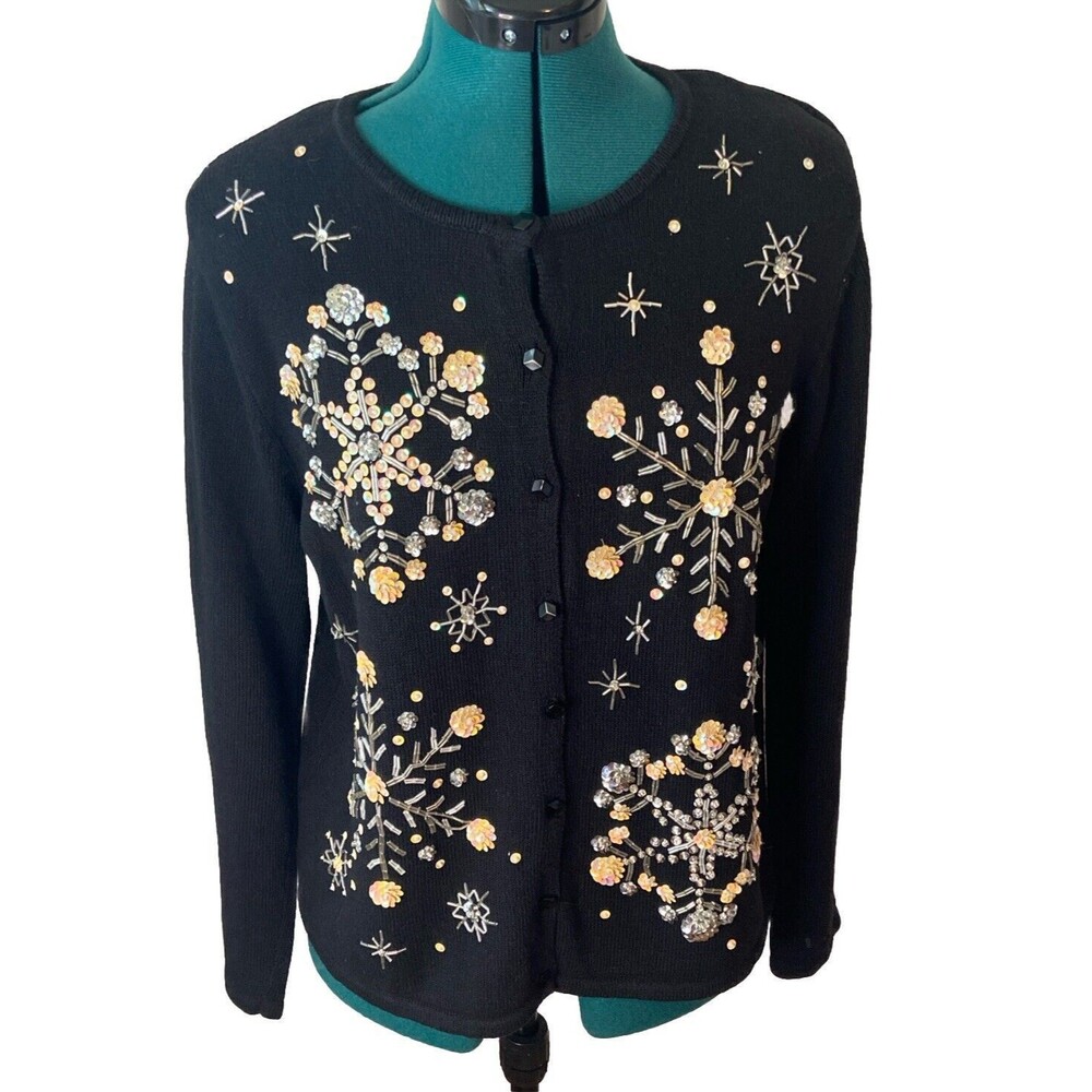 Heirloom Collectibles Sweater Womans Christmas Lg Black Snowflakes Beads Sequins